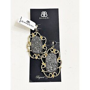 Bansri Gold Tone Scroll Filigree Faux Druzy Statement Earrings Gray Sparkle NWT